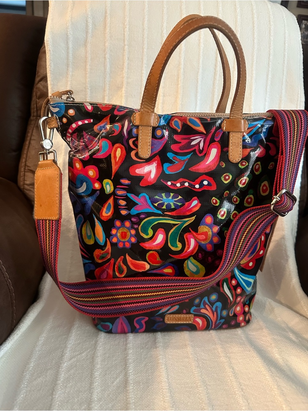 Consuela Black Multicolor Paisley Tote with Striped Strap